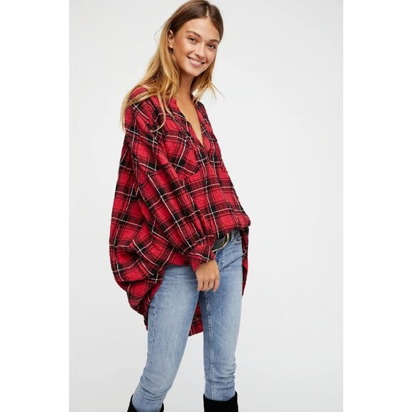 Free People Tops - Intimately Free People Not Your Boyfriend's Oversized Red Plaid Tunic Top Size M
